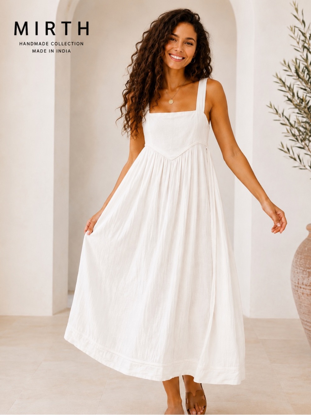 MIRTH Handmade Collection White Cotton Textured Midi Dress | XS | Made in India